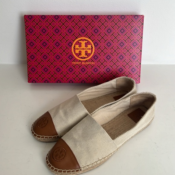 Tory Burch Color Block Canvas/Leather Espadrille Cream/Brown NWOT Size 9.5 - Picture 3 of 10